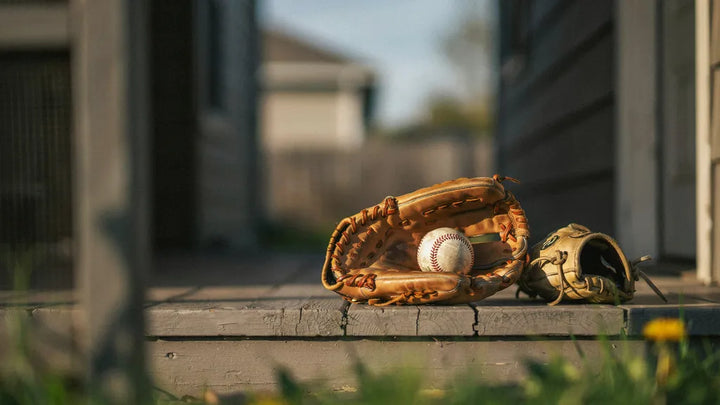 Two worn baseball gloves resting side by side on wooden porch steps in warm evening light