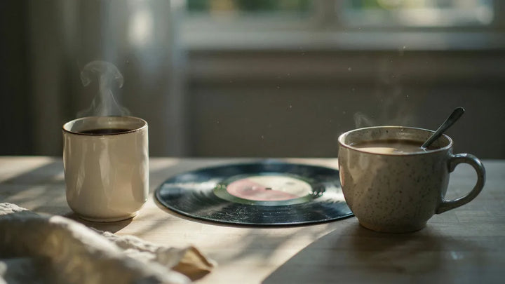 Two coffee mugs beside a vinyl record on a kitchen counter, warm morning light