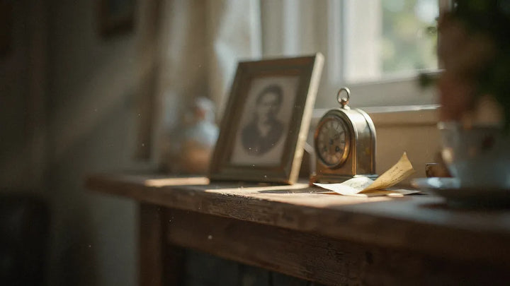 A faded framed family photo on a wooden mantel in warm afternoon light