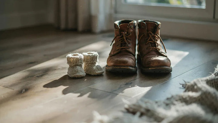 Tiny knitted baby shoes beside a worn pair of leather work boots on a wooden floor in soft light