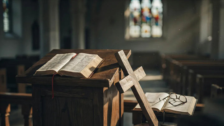 An open Bible on a wooden church pulpit beside a simple cross and open hymnal in warm light
