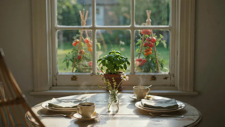 Two plates set at a kitchen table by a sunrise window — memorial song for a late wife