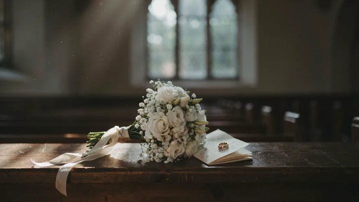 A white bridal bouquet resting on a church pew beside a vow booklet and a gold wedding band in soft light