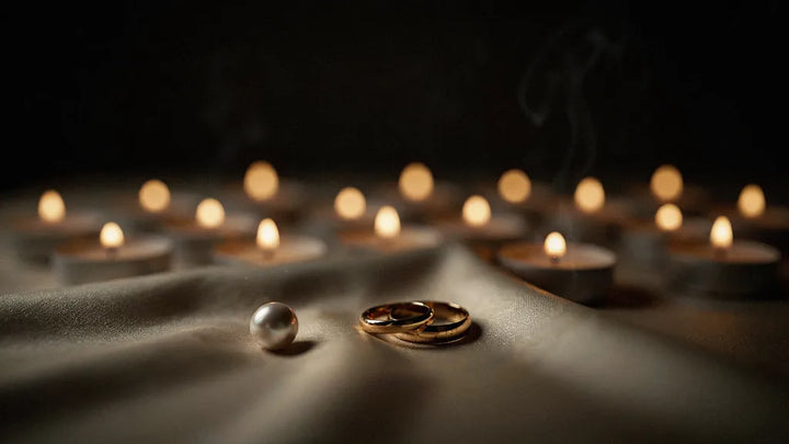 A single pearl on cream silk beside two worn gold wedding rings in warm candlelight