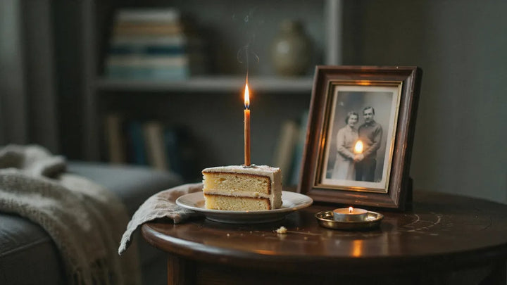A framed vintage photo next to a single lit birthday candle on a cake