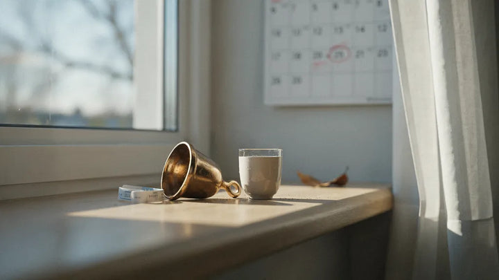 A brass bell on a sunlit hospital windowsill beside a calendar with one day circled