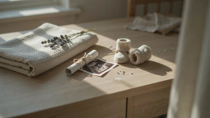 Tiny knitted baby booties beside a rolled ultrasound print on a wooden dresser in morning light