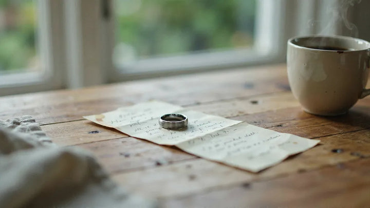 Silver wedding ring on a folded handwritten note next to a coffee cup on a wooden kitchen table