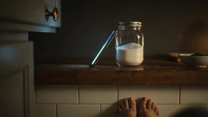 A phone leaning on a sugar jar on a midnight kitchen counter, warm light on the tile