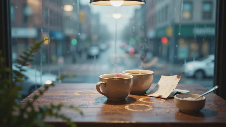 Two coffee cups turned toward each other on a cafe table with a folded note in warm light