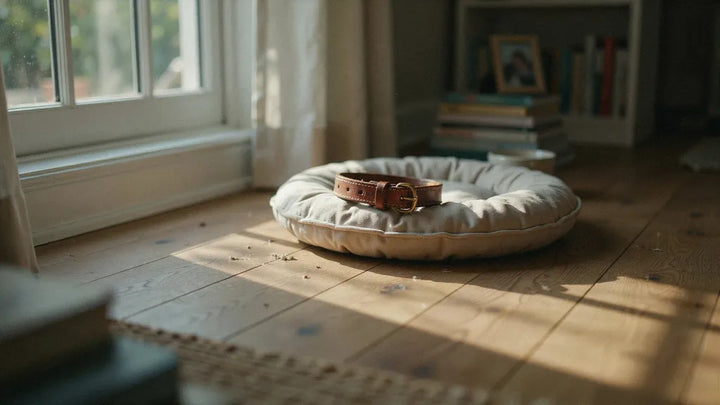 An empty dog bed beside a window, a worn leather collar resting on the blanket