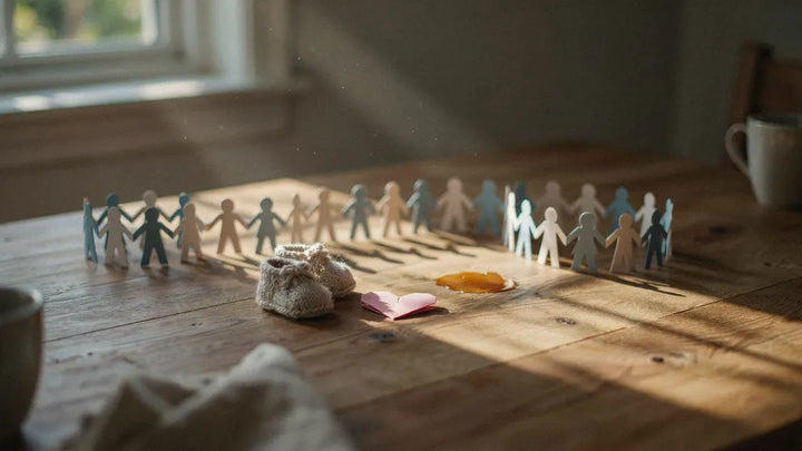 A paper-chain of joined figures beside tiny shoes and a paper heart on a sunlit wooden table