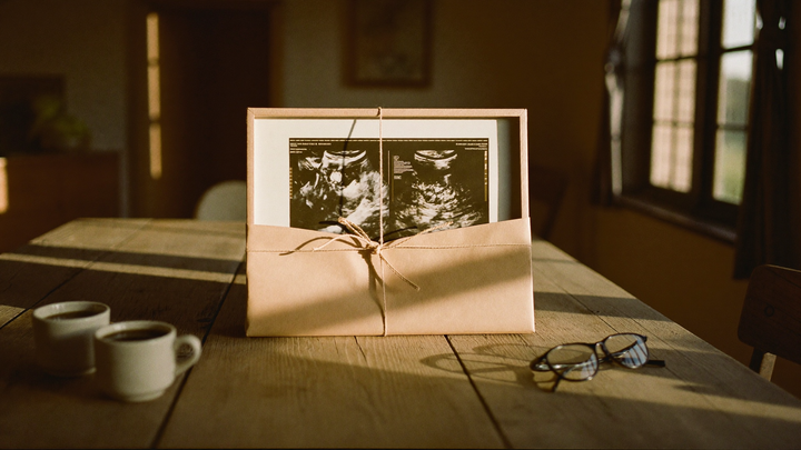 A framed sonogram print half-wrapped in kraft paper with twine on a farmhouse table beside two ceramic mugs and reading glasses