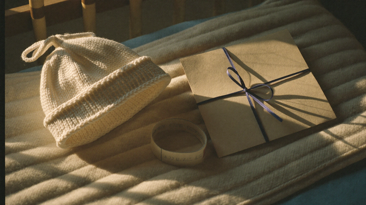A white knit newborn hat and a hospital bracelet on a cream blanket beside a small card tied with a satin ribbon in warm window light