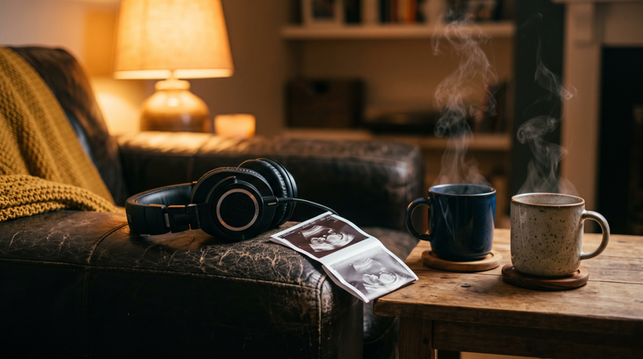Headphones and a folded ultrasound printout on a leather couch beside two mugs in warm lamplight