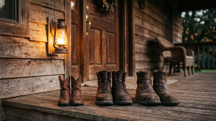 Tiny cowboy boots lined up beside two worn pairs of adult work boots by a farmhouse front door at dusk