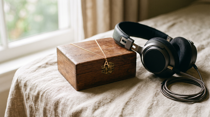 A gold initial pendant necklace on a wooden keepsake box beside headphones on linen in soft window light