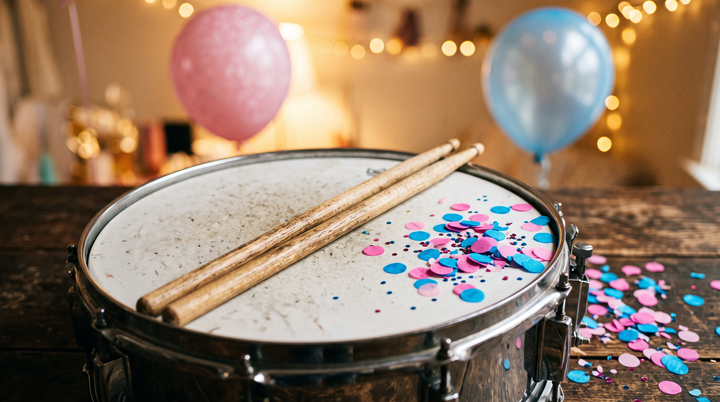 Wooden drumsticks on a snare drum beside scattered pink and blue confetti in warm light