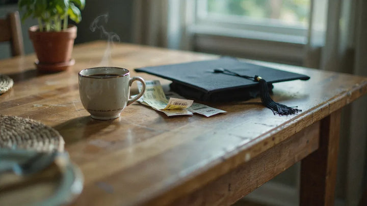 A graduation cap on a kitchen table next to clipped coupons and a coffee mug in morning light