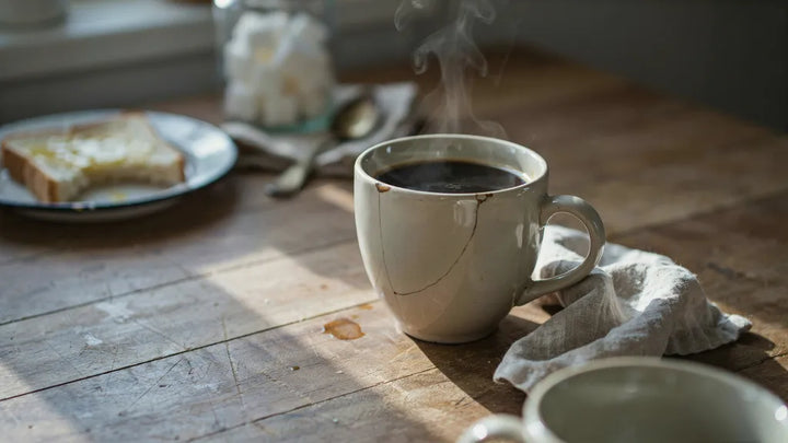 A chipped coffee mug steaming on a kitchen counter in soft morning light