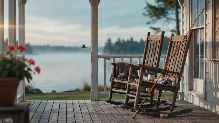 Two rocking chairs on a porch above a misty lake — song for a best friend who passed away