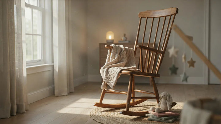 A wooden rocking chair by a window with a folded knit swaddle blanket and a soft night-light