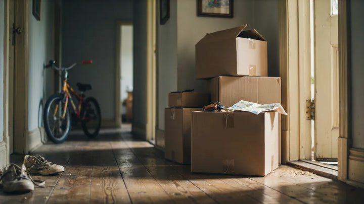 Packed moving boxes by a front door with car keys and a map in warm afternoon light