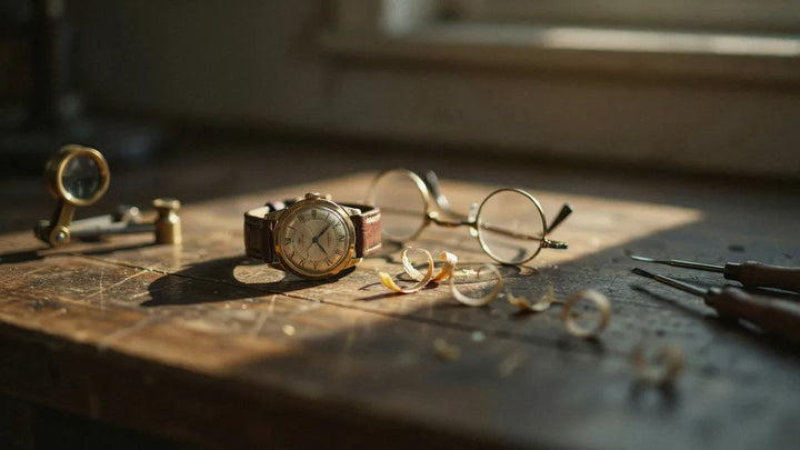 A worn wristwatch and reading glasses on an old wooden workbench in warm afternoon light
