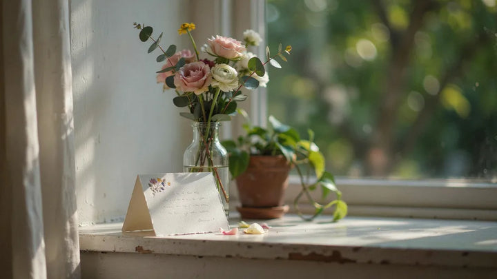 A handwritten get-well card leaning on a vase of flowers by a sunny window