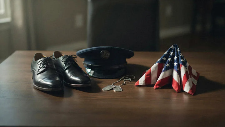 Polished dress shoes, a folded military cap, dog tags, and a folded flag on a wooden table in soft light