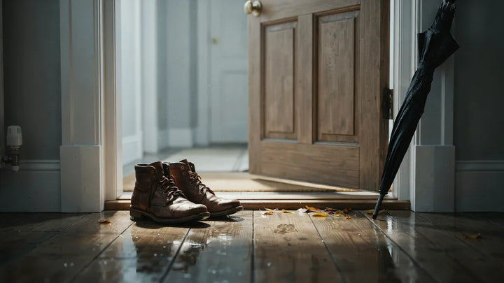 Worn boots by an open door in morning light after rain