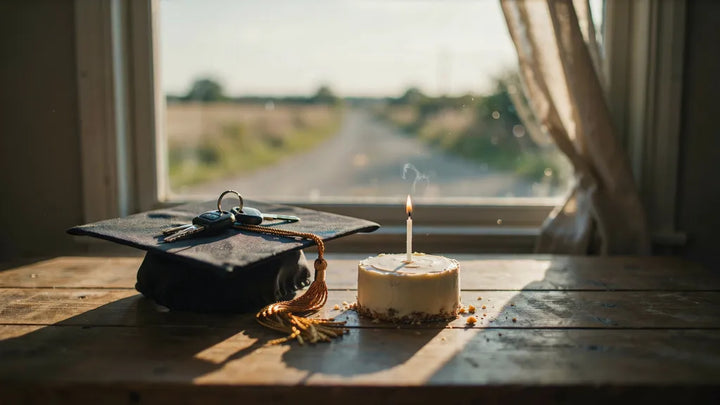 Car keys on a folded graduation cap next to a lit birthday candle on a cake, by a window at golden hour