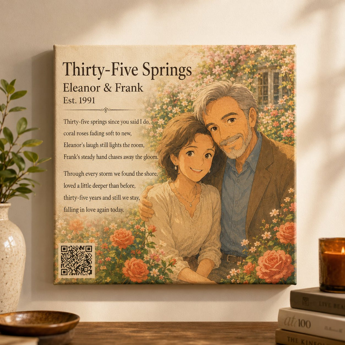 35th anniversary custom song canvas — Eleanor & Frank garden portrait with printed lyrics — Songbond