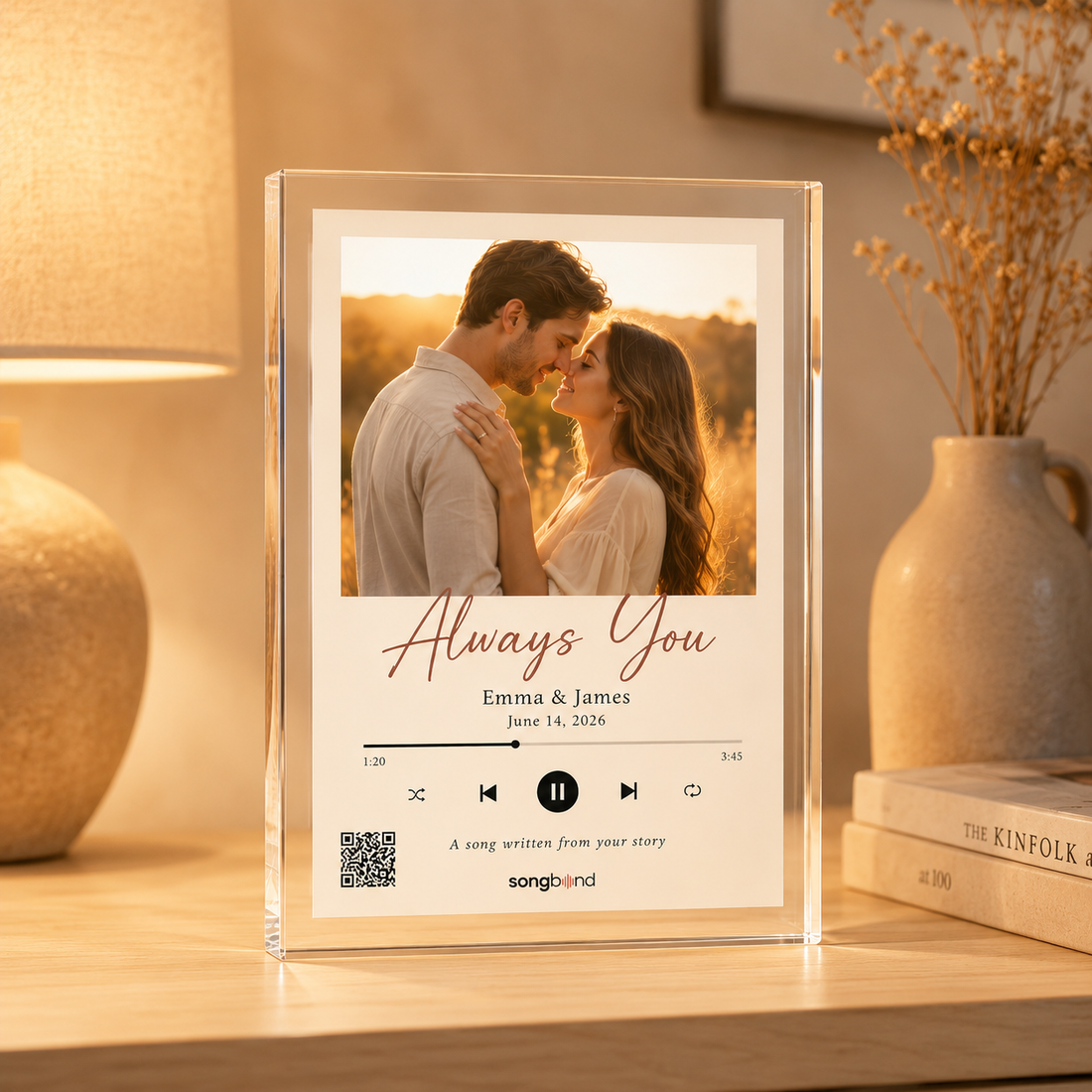 Custom Song Acrylic Plaque — a photo, the song title and a scan-to-play QR code, lit on a warm wooden LED base (Songbond)