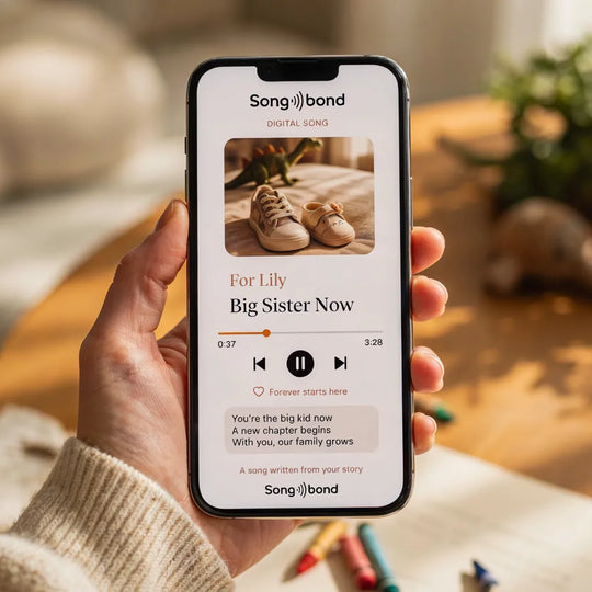 Songbond app playing Big Sister Now — custom big sister and big brother song with kid and baby shoes