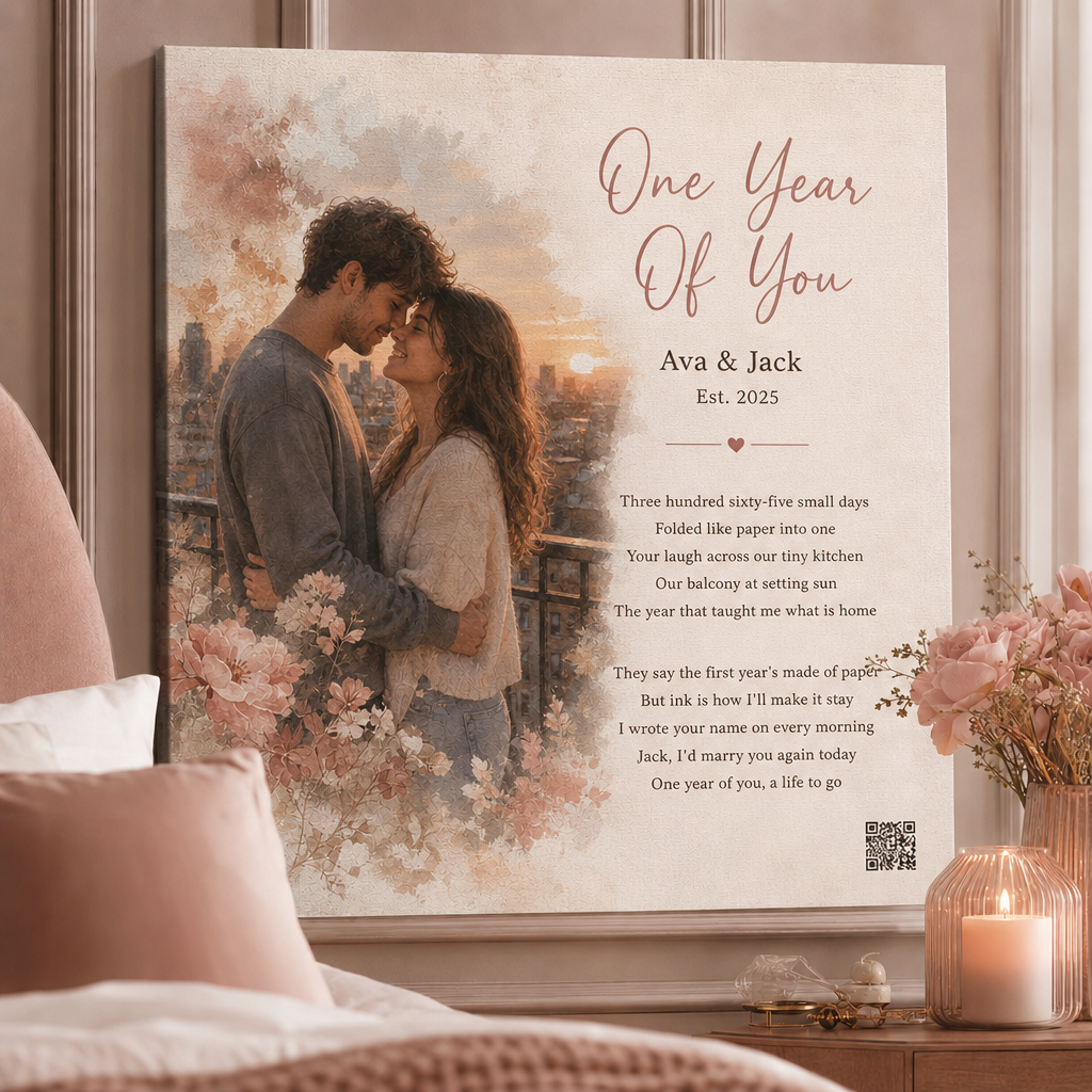 1st anniversary gift for him — personalized custom song canvas: couple on sunset balcony, lyrics, Est. 2025, QR — Songbond
