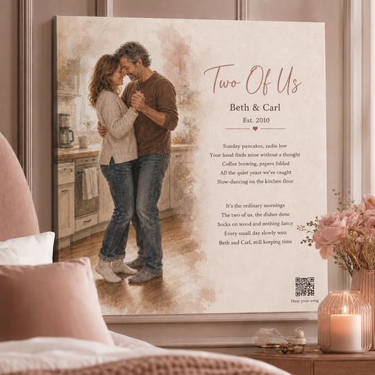 anniversary gift for couples — personalized custom song canvas: couple slow-dancing in kitchen, lyrics, QR — Songbond