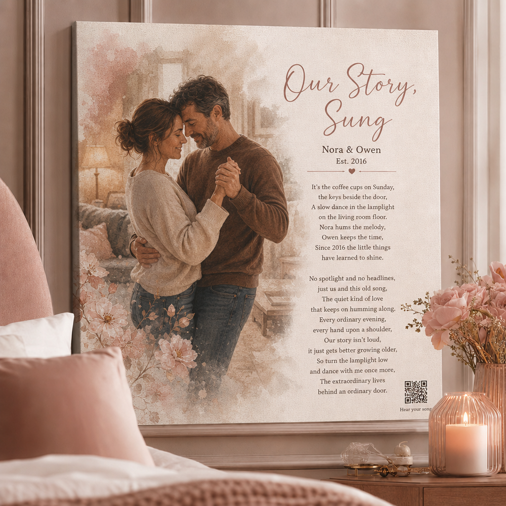 personalized anniversary gift — custom song lyrics canvas: couple dancing in lamplight, names, Est. 2016, QR code — Songbond