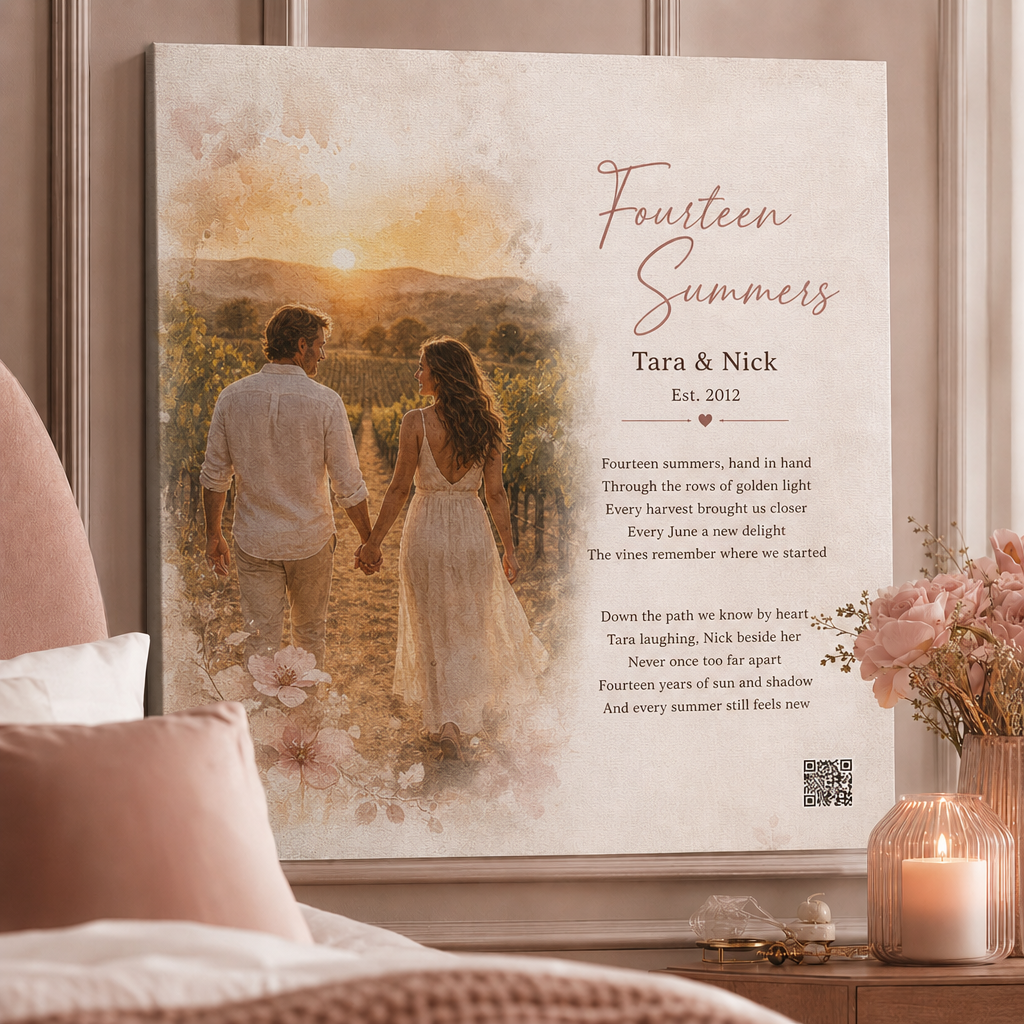14 year anniversary gift — personalized custom song canvas: couple walking vineyard at golden hour, lyrics, QR — Songbond