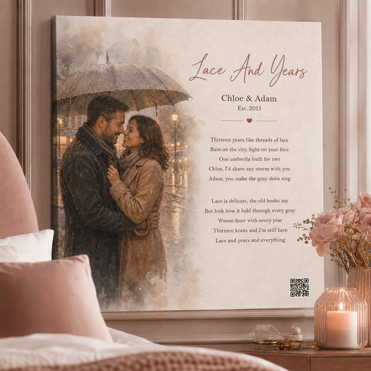13 year anniversary gift — personalized custom song canvas: watercolor umbrella couple in rain, lyrics, QR code — Songbond