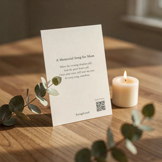 Printed lyrics card with QR for a custom memorial song gift for Mom – Songbond