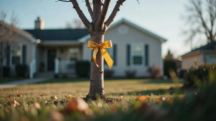 A yellow ribbon tied around a bare tree trunk in a front yard in warm afternoon light