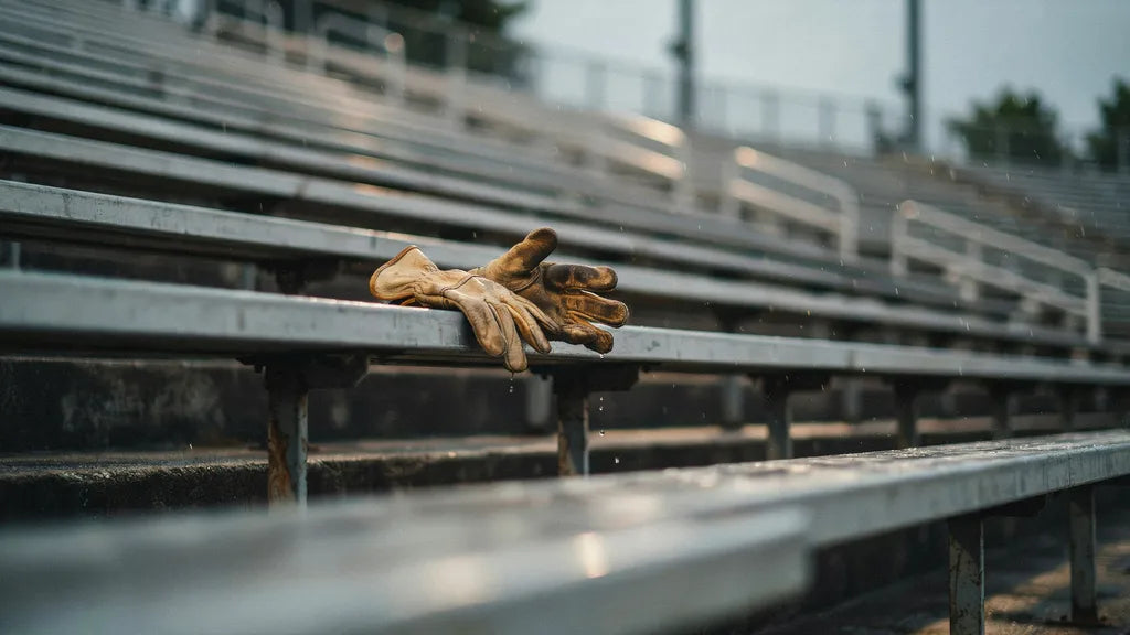 Worn work gloves left on empty metal stadium bleachers in light rain