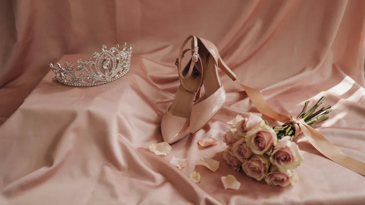 A rhinestone tiara on blush satin beside quinceañera heels and a rose bouquet in warm golden light