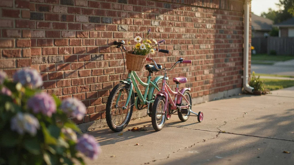 Two vintage children's bicycles leaned together against a sunlit brick wall in golden afternoon light
