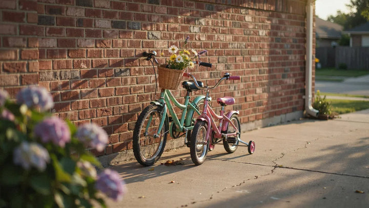 Two vintage children's bicycles leaned together against a sunlit brick wall in golden afternoon light