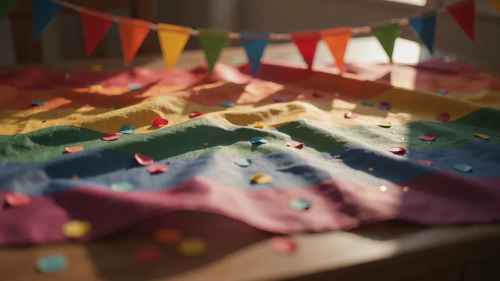 A rainbow pride flag in soft folds with confetti and bunting in warm golden light