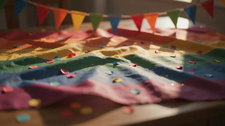 A rainbow pride flag in soft folds with confetti and bunting in warm golden light
