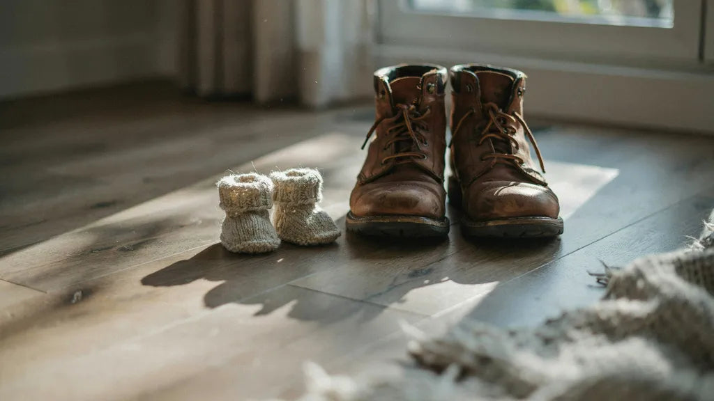 Tiny knitted baby shoes beside a worn pair of leather work boots on a wooden floor in soft light