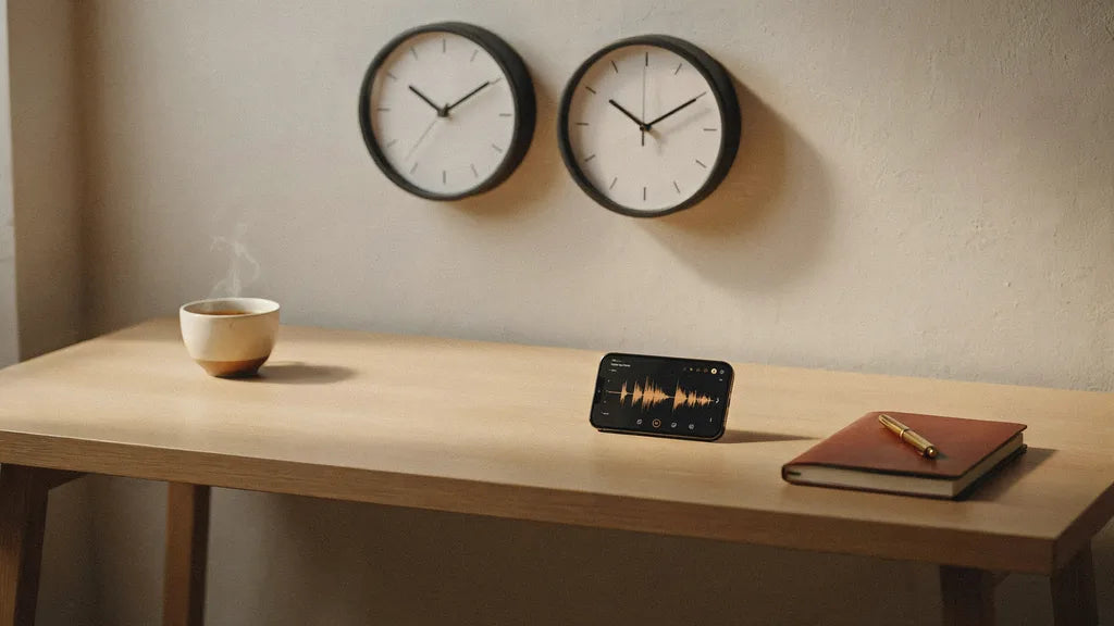 Two wall clocks showing different time zones above a desk with a phone displaying a voice message